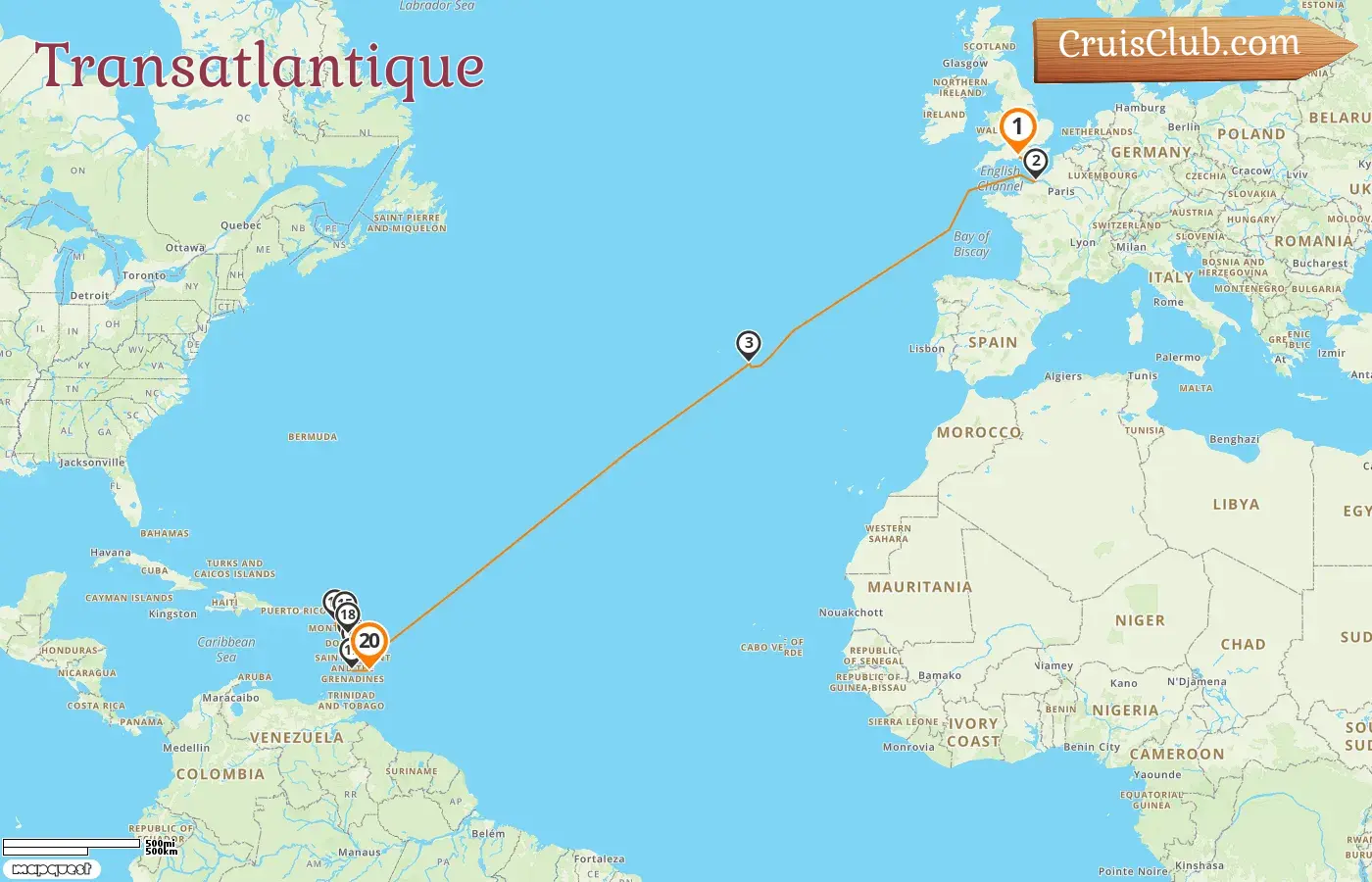 Croisière transatlantique de Southampton à Bridgetown à bord du MSC Virtuosa avec escales en France, au Portugal, à la Barbade, en Guadeloupe et à Saint-Vincent-et-les-Grenadines pendant 20 jours