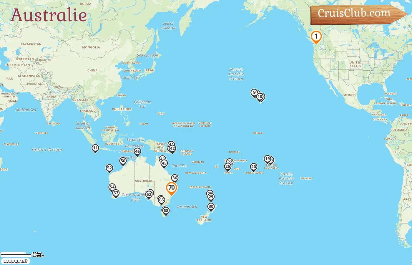 Croisière en Australie de Seattle à Sydney à bord du navire Noordam avec escales aux États-Unis, en Polynésie française, aux îles Cook, aux Tonga, en Nouvelle-Zélande, en Australie et en Papouasie-Nouvelle-Guinée pendant 70 jours