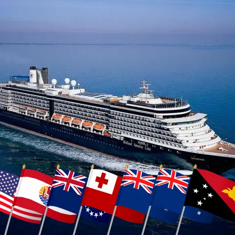 Cruise in the Australia from Seattle to Sydney aboard Noordam ship with visits to USA, French Polynesia, Cook Islands, Tonga, New Zealand, Australia, and Papua New Guinea for 70 days