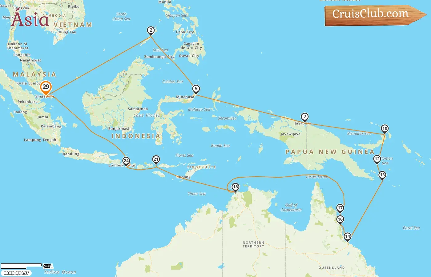 Cruzeiro na Ásia a partir de Singapura a bordo do navio Westerdam com visitas a Singapura, Filipinas, Indonésia, Papua Nova Guiné e Austrália por 29 dias