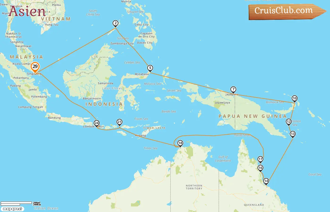 Kreuzfahrt in Asien ab Singapur an Bord des Schiffes Westerdam mit Stopps in Singapur, den Philippinen, Indonesien, Papua-Neuguinea und Australien für 29 Tage