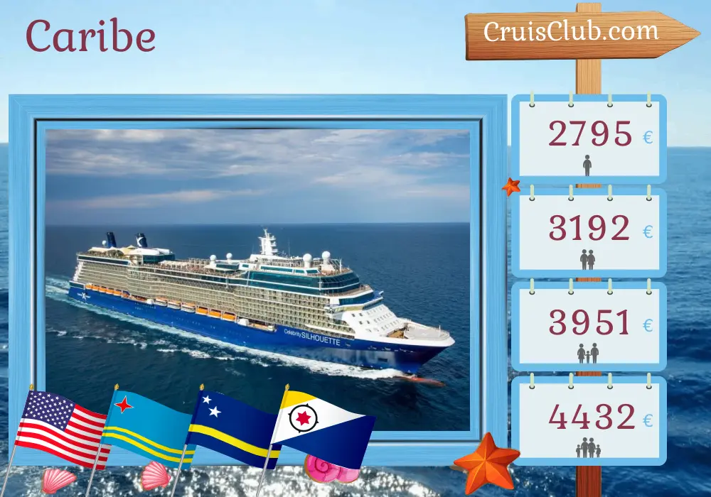 Cruzeiro no Caribe a bordo do navio Celebrity Silhouette, com visitas aos Estados Unidos, Aruba e Curaçau por 9 dias