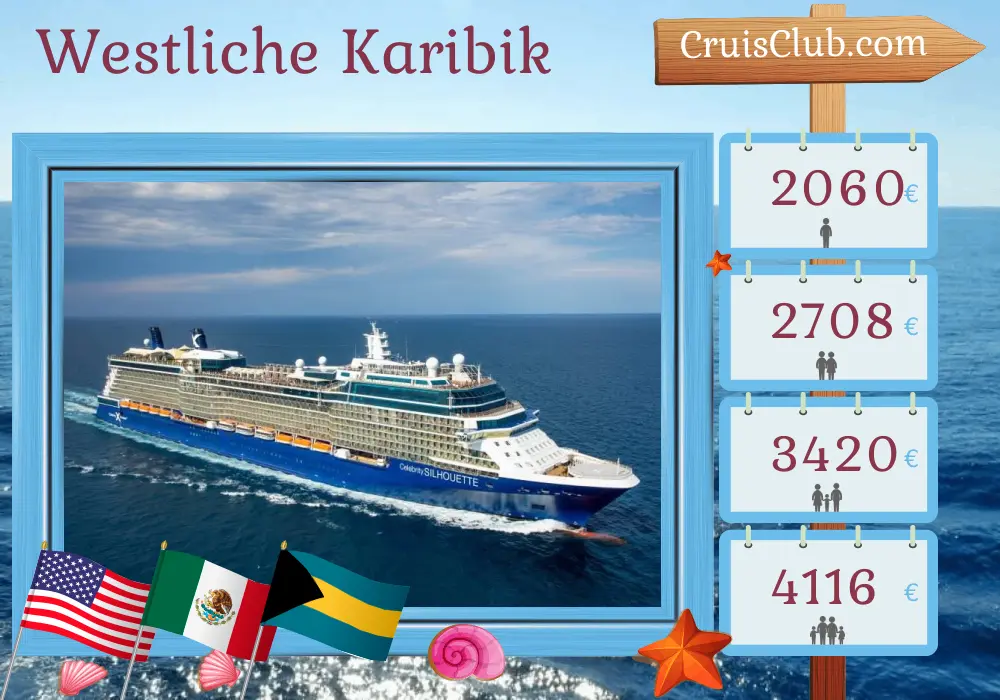 Kreuzfahrt in der westlichen Karibik ab Fort Lauderdale an Bord des Celebrity Silhouette Schiffes mit Besuchen in den USA, Mexiko und den Bahamas für 7 Tage