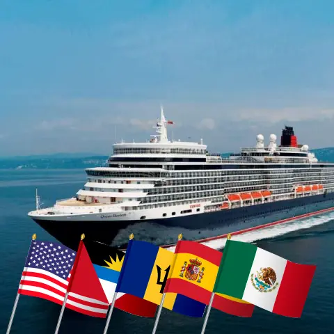 Cruise in the Transatlantic from Miami to Seattle aboard Queen Elizabeth ship with visits to USA, Puerto Rico, Barbados, Spain, Panama, Costa Rica, and Mexico for 33 days