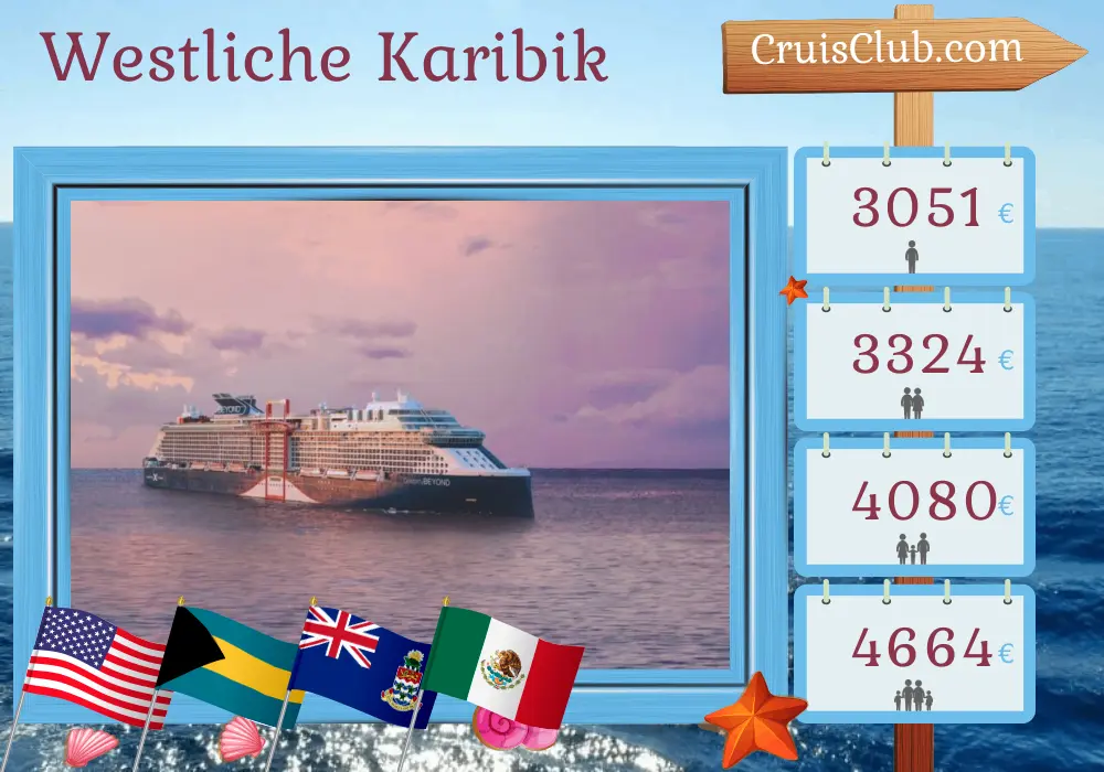 Kreuzfahrt in der westlichen Karibik ab Fort Lauderdale an Bord des Celebrity Beyond-Schiffs mit Besuchen in den USA, den Bahamas, den Kaimaninseln und Mexiko für 8 Tage