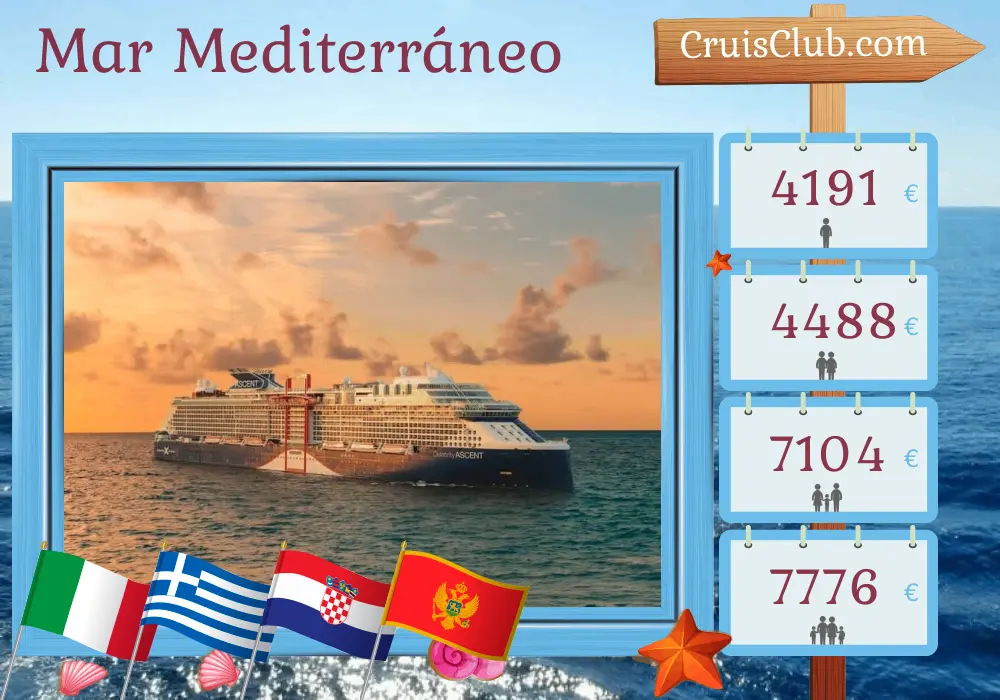 Crucero por el Mediterráneo desde Civitavecchia a bordo del barco Celebrity Ascent con visitas a Italia, Grecia, Croacia y Montenegro durante 11 días
