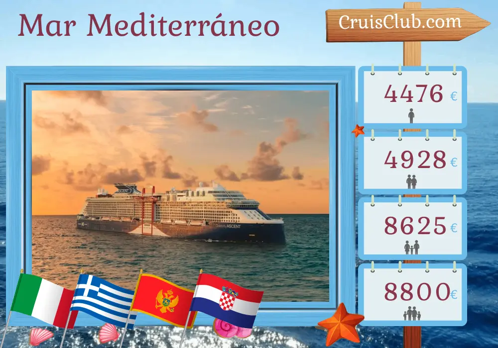 Crucero por el Mediterráneo desde Civitavecchia a bordo del barco Celebrity Ascent con visitas a Italia, Grecia, Montenegro y Croacia durante 11 días