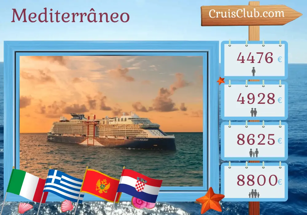 Cruzeiro no Mediterrâneo a partir de Civitavecchia a bordo do navio Celebrity Ascent com visitas à Itália, Grécia, Montenegro e Croácia por 11 dias