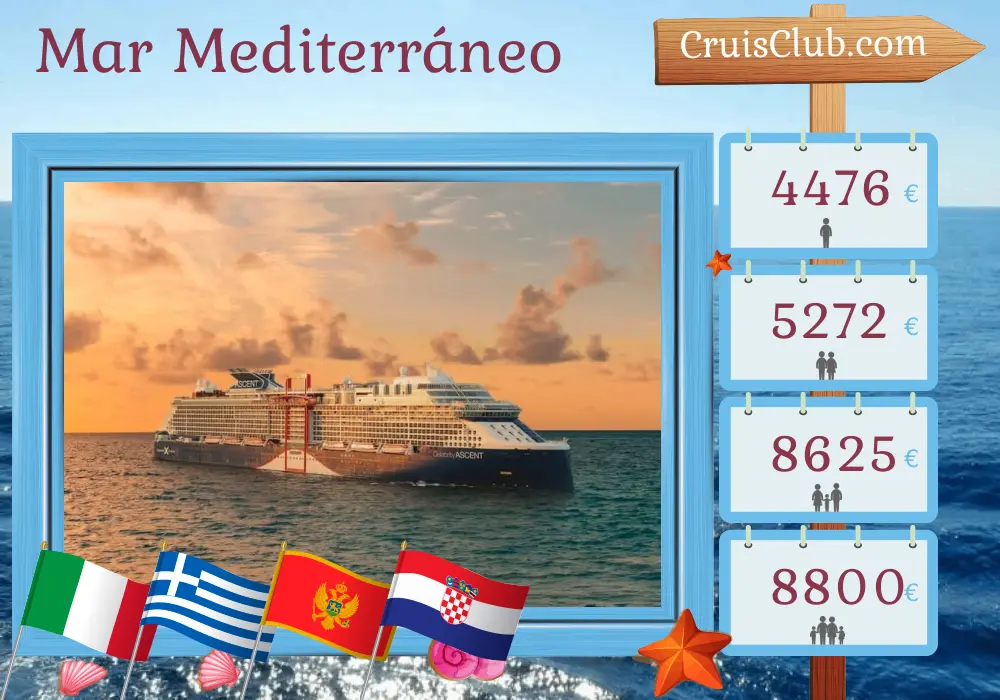 Crucero por el Mediterráneo desde Civitavecchia a bordo del barco Celebrity Ascent con visitas a Italia, Grecia, Montenegro y Croacia durante 11 días