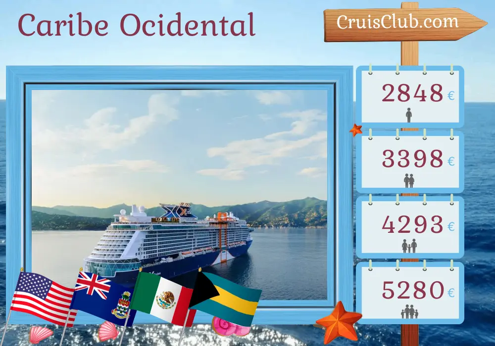 Cruzeiro no Caribe Ocidental a partir de Miami a bordo do navio Celebrity Xcel com visitas aos Estados Unidos, às Ilhas Cayman, México e Bahamas por 8 dias