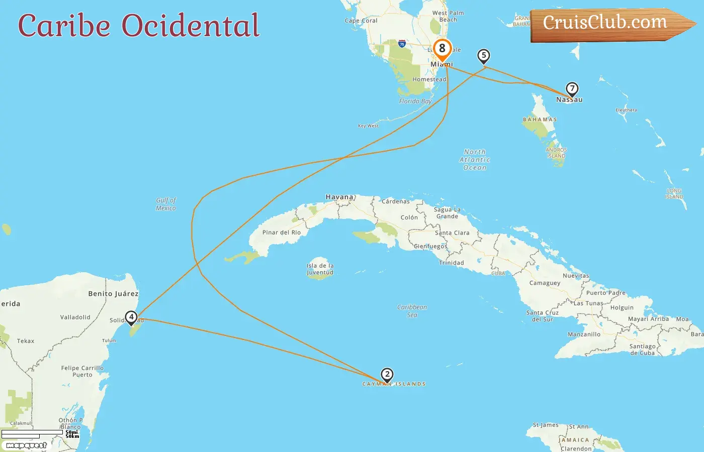 Cruzeiro no Caribe Ocidental a partir de Miami a bordo do navio Celebrity Xcel com visitas aos Estados Unidos, às Ilhas Cayman, México e Bahamas por 8 dias