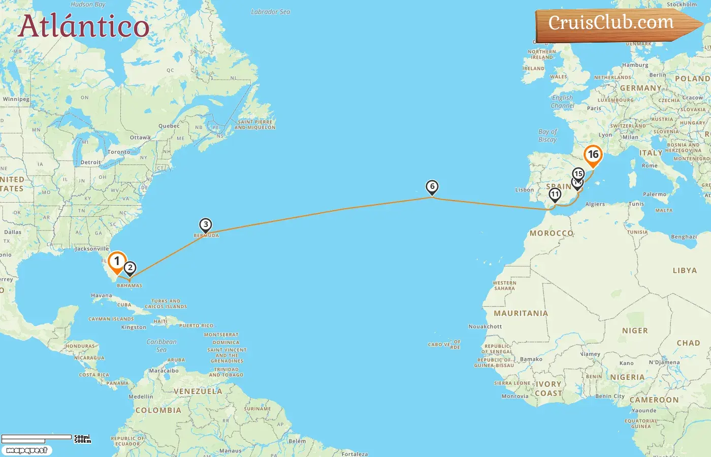 Viaje en el Transatlántico de Fort Lauderdale a Barcelona a bordo del barco Brilliance of the Seas con visitas a Estados Unidos, Bahamas, Bermudas, Portugal y España durante 16 días