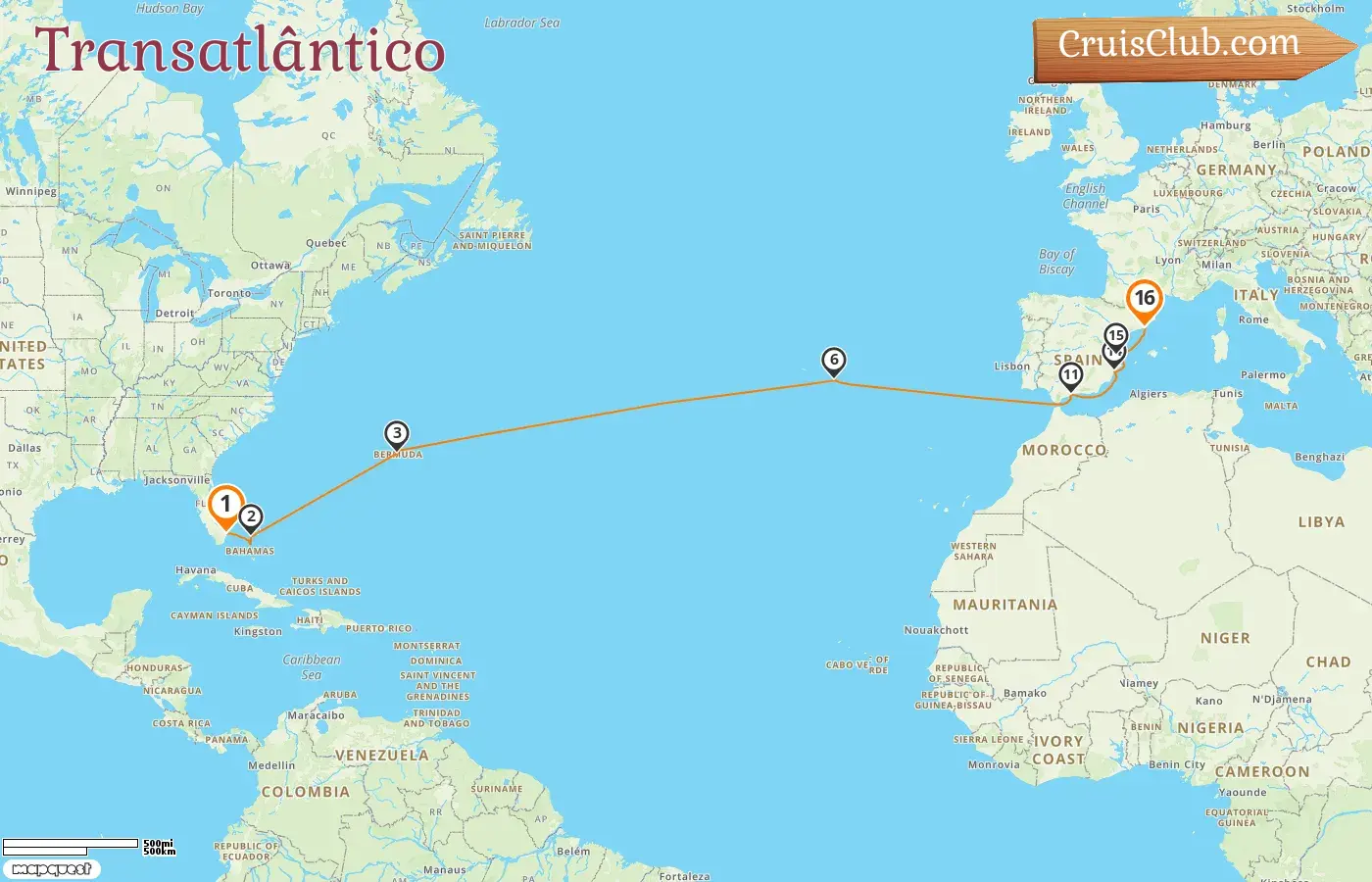 Cruzeiro no Transatlântico de Fort Lauderdale para Barcelona a bordo do navio Brilliance of the Seas com visitas aos EUA, Bahamas, Bermudas, Portugal e Espanha por 16 dias