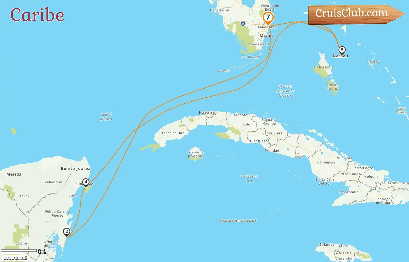 Cruzeiro no Caribe a partir de Fort Lauderdale a bordo do navio Adventure of the Seas com visitas aos EUA, México e Bahamas por 7 dias