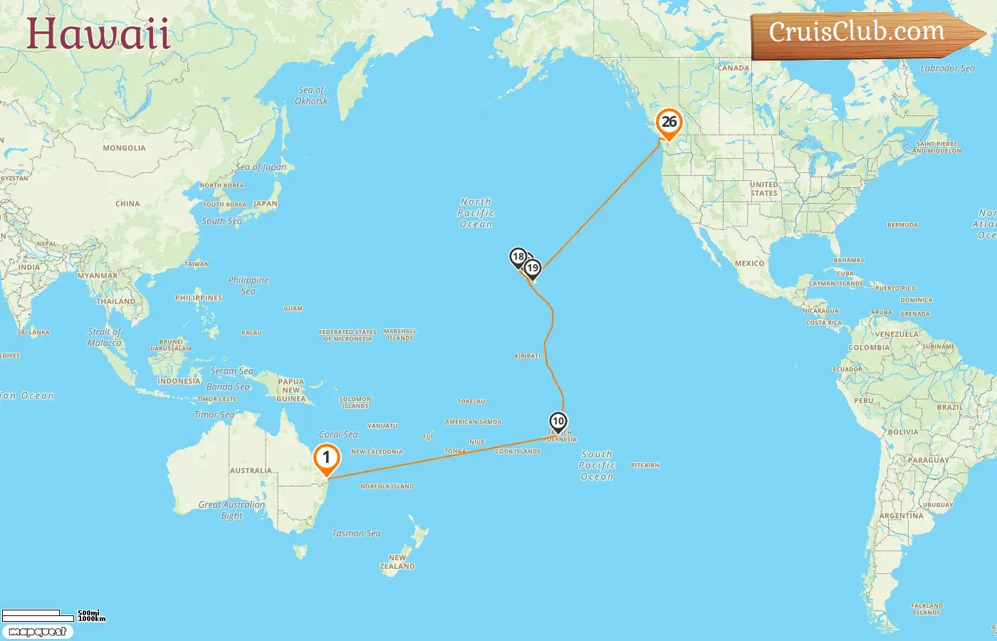 Cruise in the Hawaii from Brisbane to Seattle aboard Voyager of the Seas ship with visits to Australia, French Polynesia, USA, and Canada for 26 days