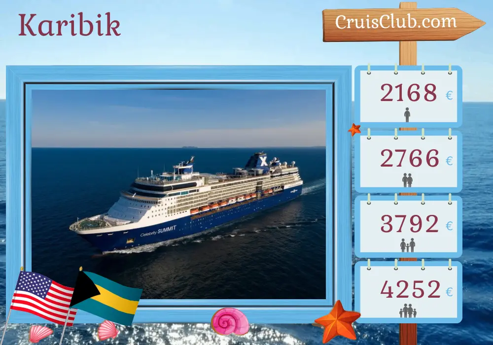 Kreuzfahrt in der Karibik von Tampa an Bord des Celebrity Summit Schiffs mit Besuchen in den USA und den Bahamas für 8 Tage