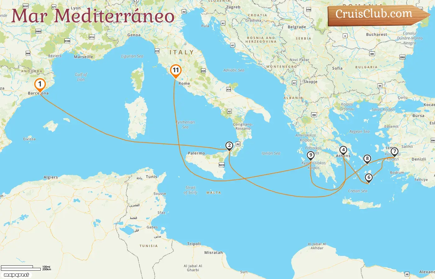Crucero por el Mediterráneo de Barcelona a Civitavecchia a bordo del barco Celebrity Equinox con visitas a España, Italia, Grecia y Turquía durante 11 días