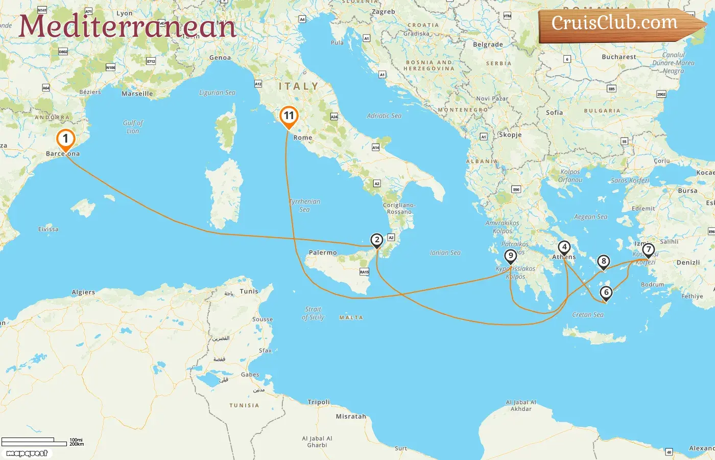 Cruise in the Mediterranean from Barcelona to Civitavecchia aboard Celebrity Equinox ship with visits to Spain, Italy, Greece, and Turkey for 11 days