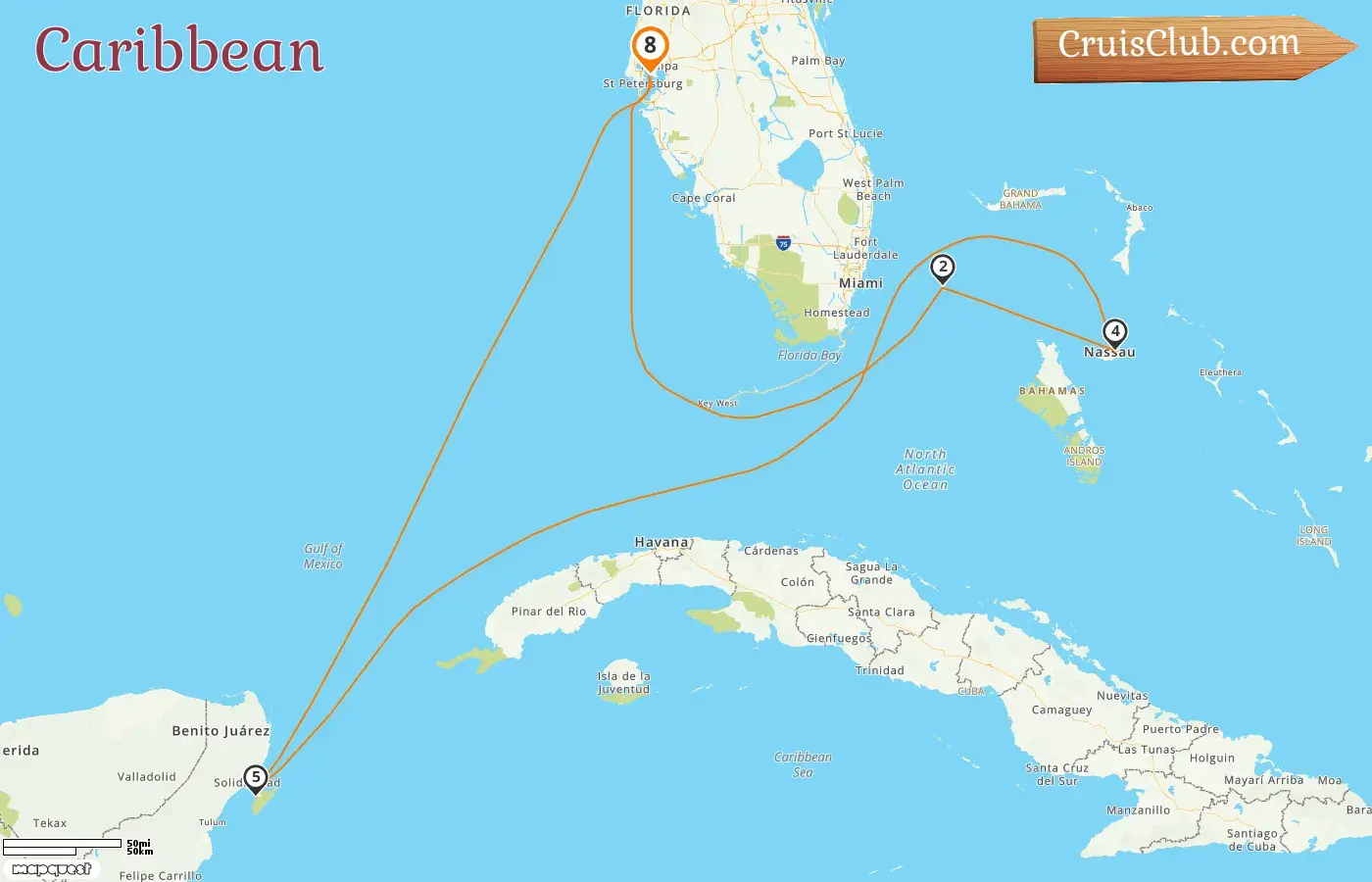 Cruise in the Caribbean from Tampa aboard Celebrity Summit ship with visits to USA, Bahamas, and Mexico for 8 days