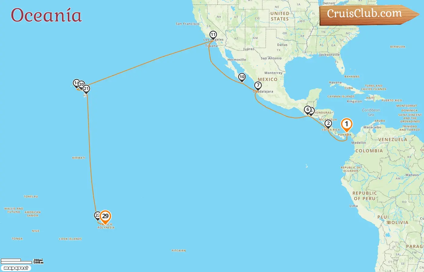 Crucero por el Pacífico Sur desde Ciudad de Panamá hasta Papeete a bordo del barco Seven Seas Splendor con visitas a Panamá, Costa Rica, El Salvador, Guatemala, México, Estados Unidos y Polinesia Francesa durante 29 días