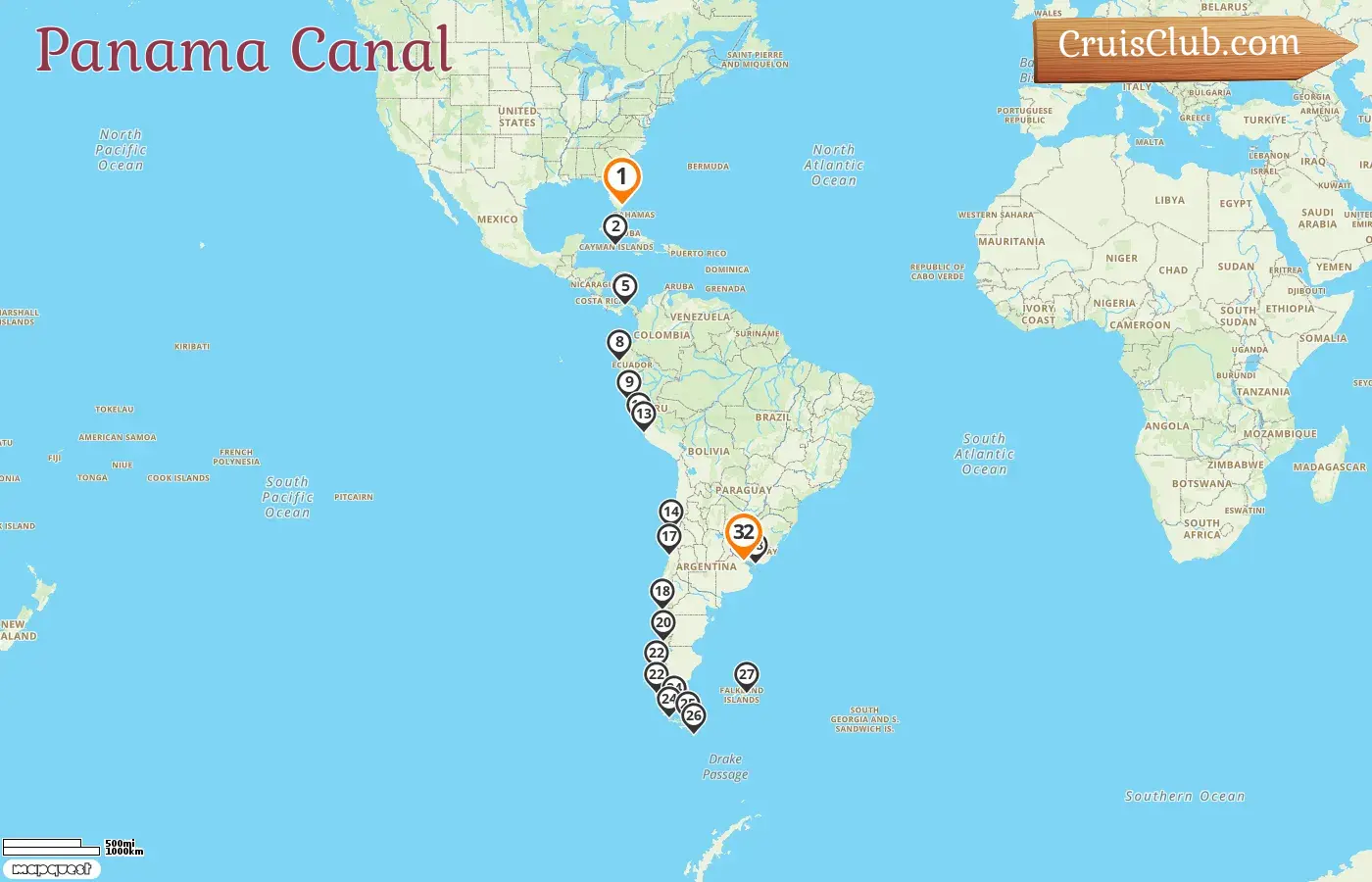 Cruise in the Panama Canal from Fort Lauderdale to Buenos Aires aboard Oosterdam ship with visits to USA, Cayman Islands, Panama, Ecuador, Peru, Chile, Argentina, Falkland Islands, and Uruguay for 32 days