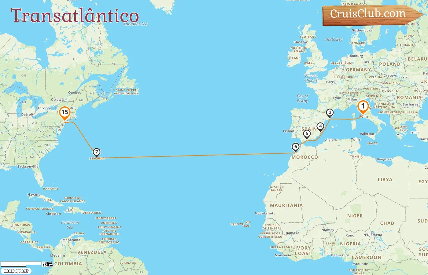 Cruzeiro no Transatlântico de Civitavecchia para Nova Iorque a bordo do navio Seven Seas Splendor com visitas à Itália, Espanha, Marrocos, Bermuda e EUA por 15 dias