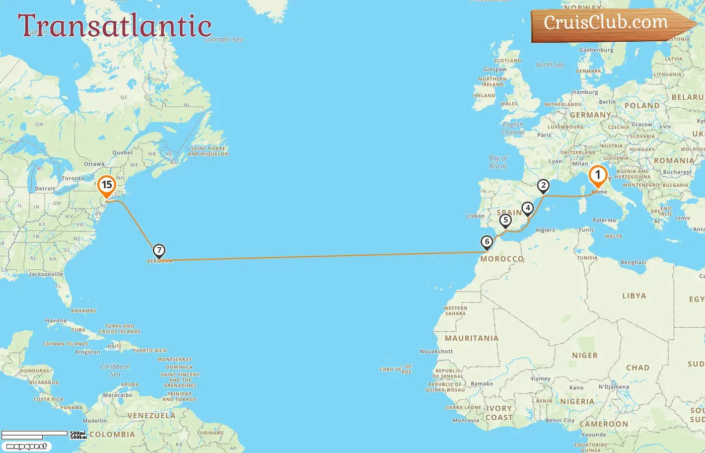 Cruise in the Transatlantic from Civitavecchia to New York aboard Seven Seas Splendor ship with visits to Italy, Spain, Morocco, Bermuda, and USA for 15 days