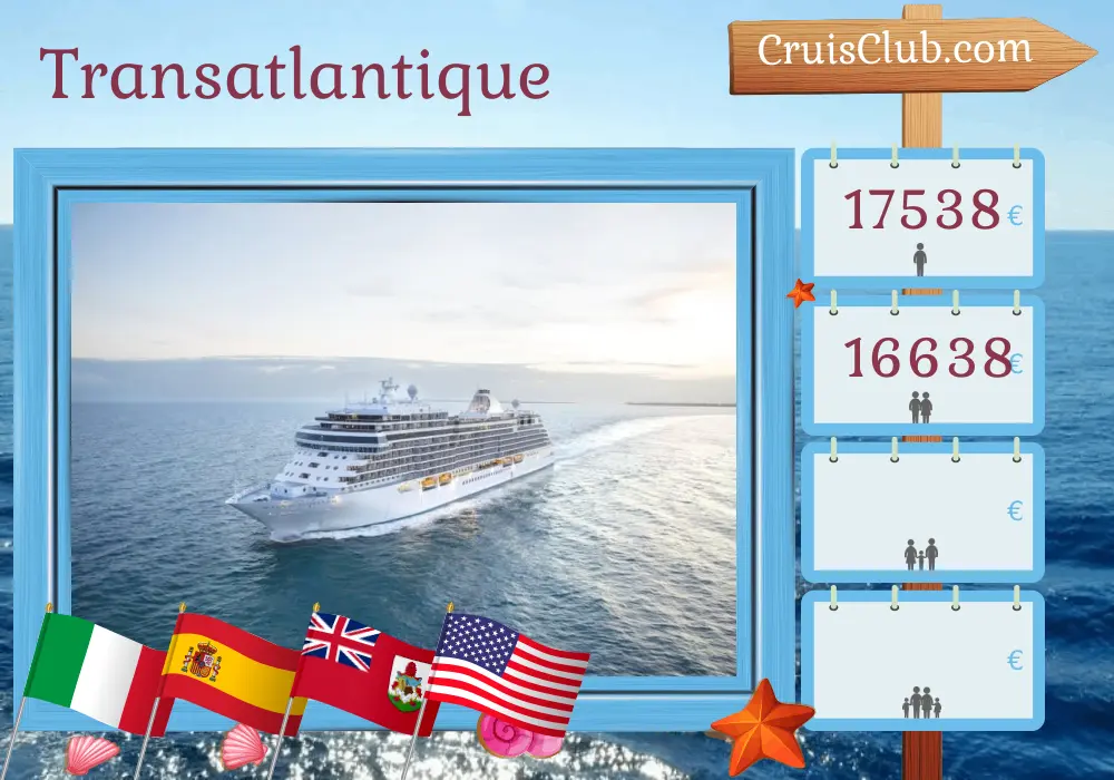Croisière en transatlantique de Civitavecchia à New York à bord du navire Seven Seas Splendor avec escales en Italie, en Espagne, au Maroc, aux Bermudes et aux États-Unis pendant 15 jours