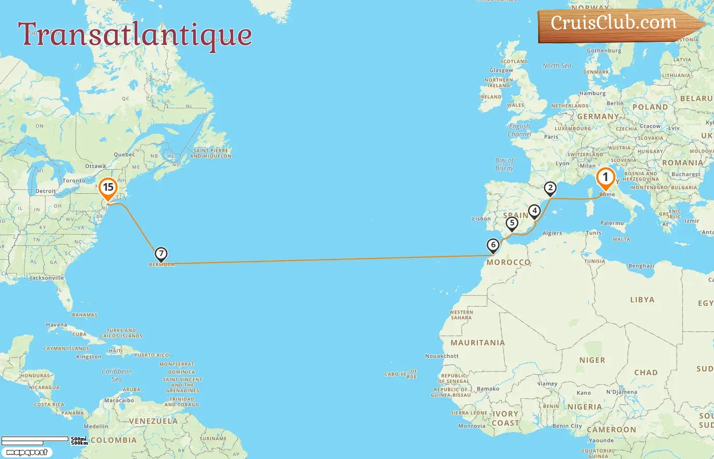 Croisière en transatlantique de Civitavecchia à New York à bord du navire Seven Seas Splendor avec escales en Italie, en Espagne, au Maroc, aux Bermudes et aux États-Unis pendant 15 jours