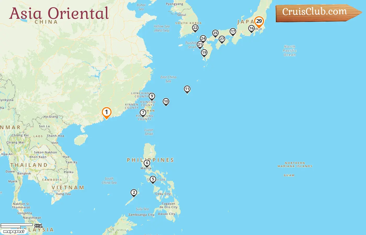 Crucero en el Este de Asia desde Hong Kong a Tokio a bordo del barco Westerdam con visitas a Hong Kong, Filipinas, Taiwán, Japón y Corea del Sur durante 29 días