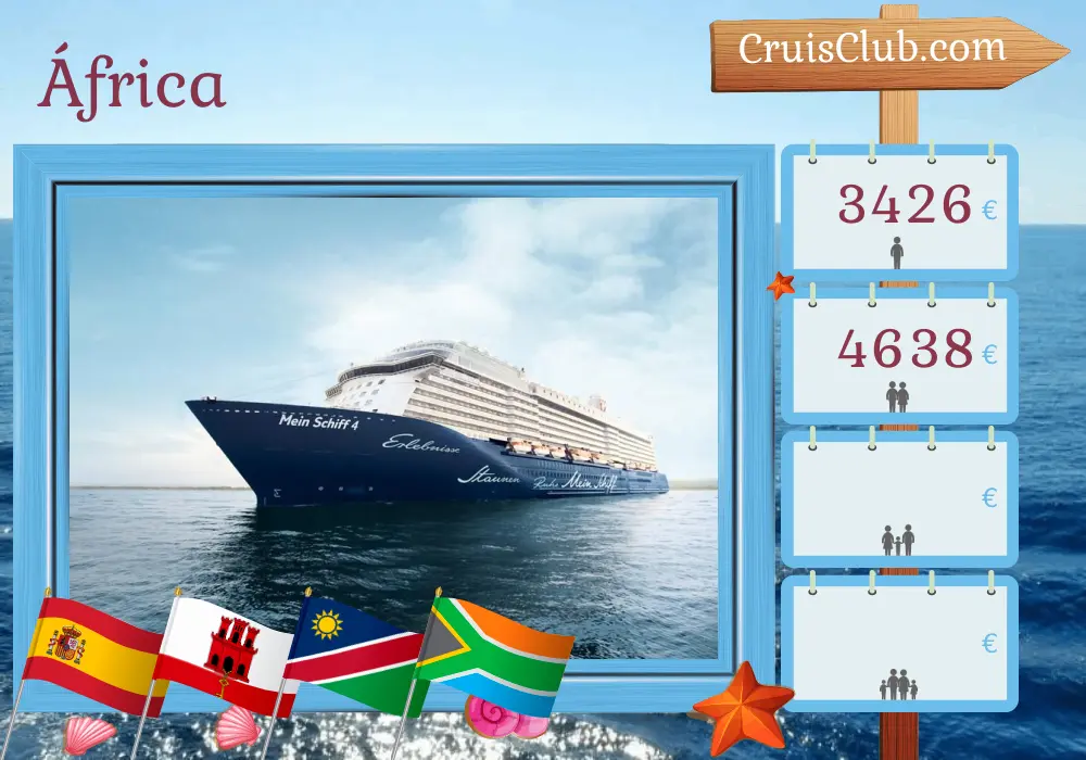 Crucero en África desde Palma a Ciudad del Cabo a bordo del barco Mein Schiff 4 con visitas a España, Gibraltar, Namibia y Sudáfrica durante 21 días