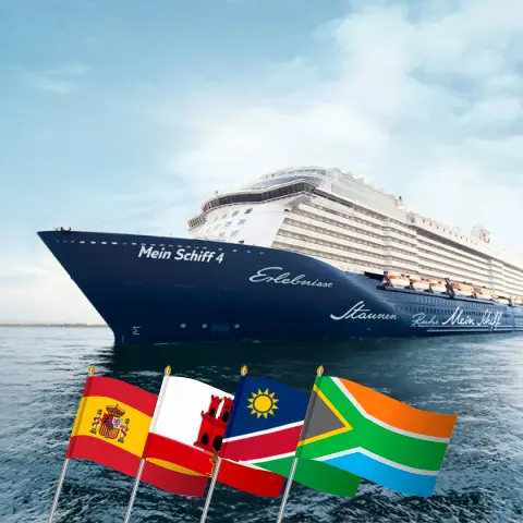 Cruise in the Africa from Palma to Cape Town aboard Mein Schiff 4 ship with visits to Spain, Gibraltar, Namibia, and South Africa for 21 days