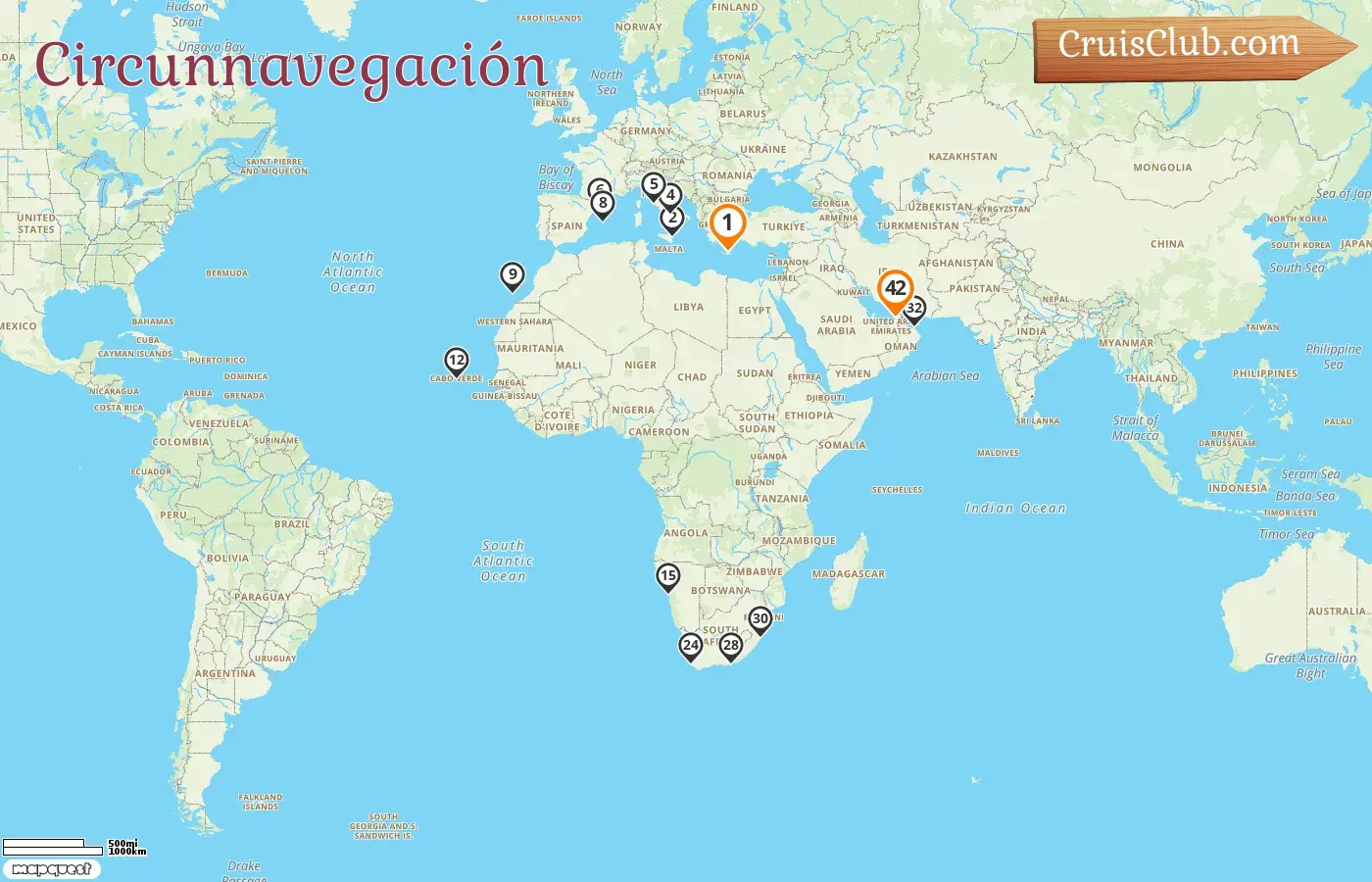 Crucero Vuelta al Mundo desde Heraklion a Dubai a bordo del barco Mein Schiff 5 con visitas a Grecia, Italia, España, Namibia, Sudáfrica, Omán, y Emiratos Árabes Unidos durante 42 días