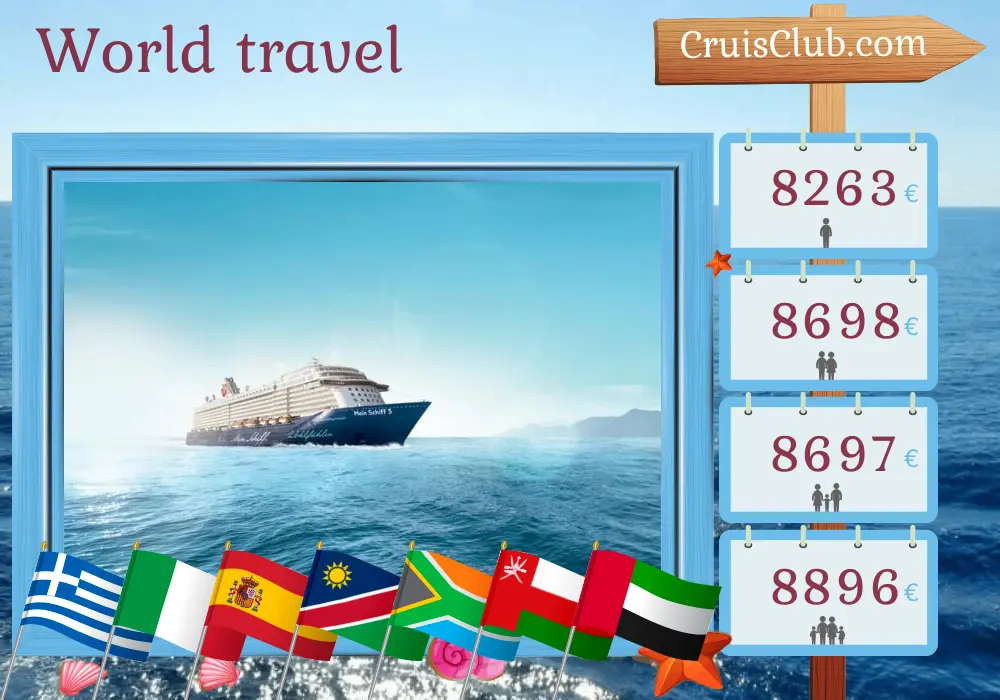 Kreuzfahrt in die Weltreise von Heraklion nach Dubai an Bord des Schiffes Mein Schiff 5 mit Besuchen in Griechenland, Italien, Spanien, Namibia, Südafrika, Oman und den Vereinigten Arabischen Emiraten für 42 Tage