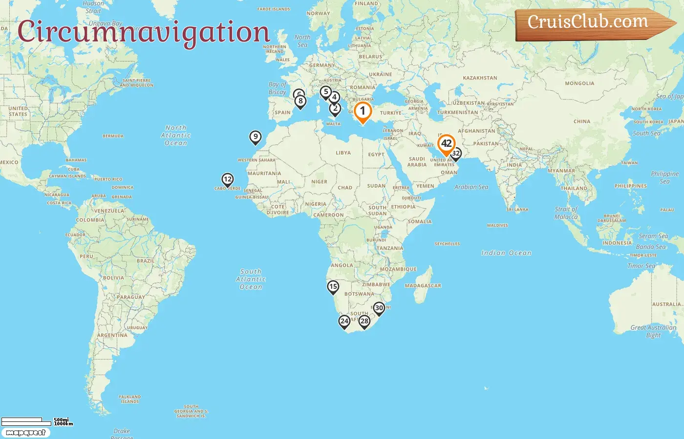 Croisière dans le monde de Héraklion à Dubaï à bord du navire Mein Schiff 5 avec des visites en Grèce, en Italie, en Espagne, en Namibie, en Afrique du Sud, à Oman et aux Émirats arabes unis pendant 42 jours