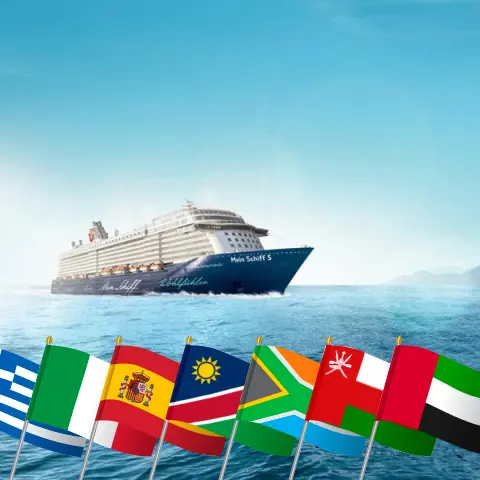 Cruise in the World trip from Heraklion to Dubai aboard Mein Schiff 5 ship with visits to Greece, Italy, Spain, Namibia, South Africa, Oman, and United Arab Emirates for 42 days