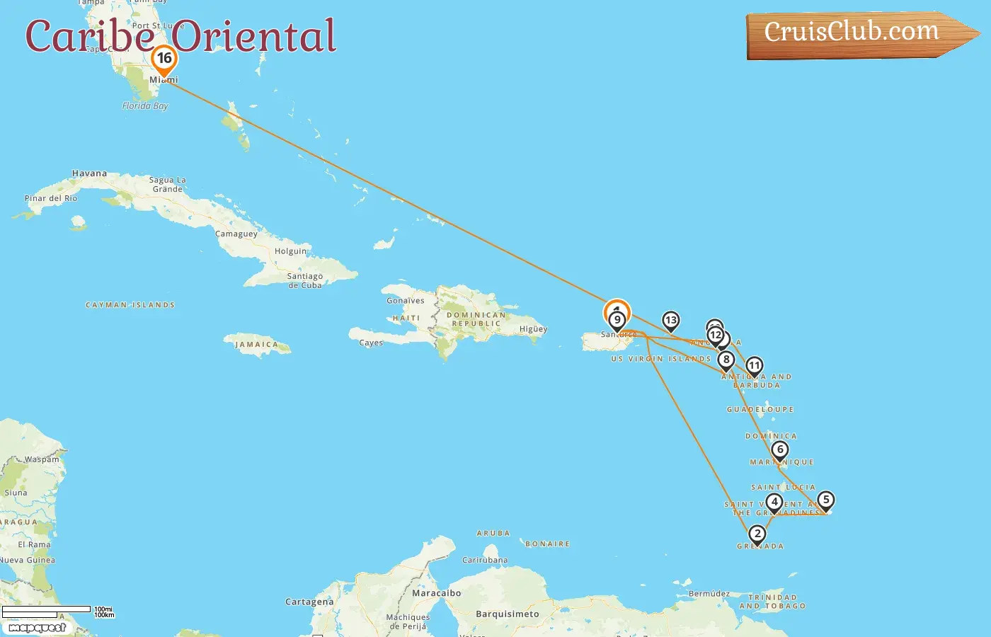 Cruzeiro no Caribe Oriental de Saint John para Miami a bordo do navio EXPLORA II com visitas a Porto Rico, Granada, São Vicente e Granadinas, Barbados, São Bartolomeu, Ilhas Virgens Britânicas e Estados Unidos por 16 dias