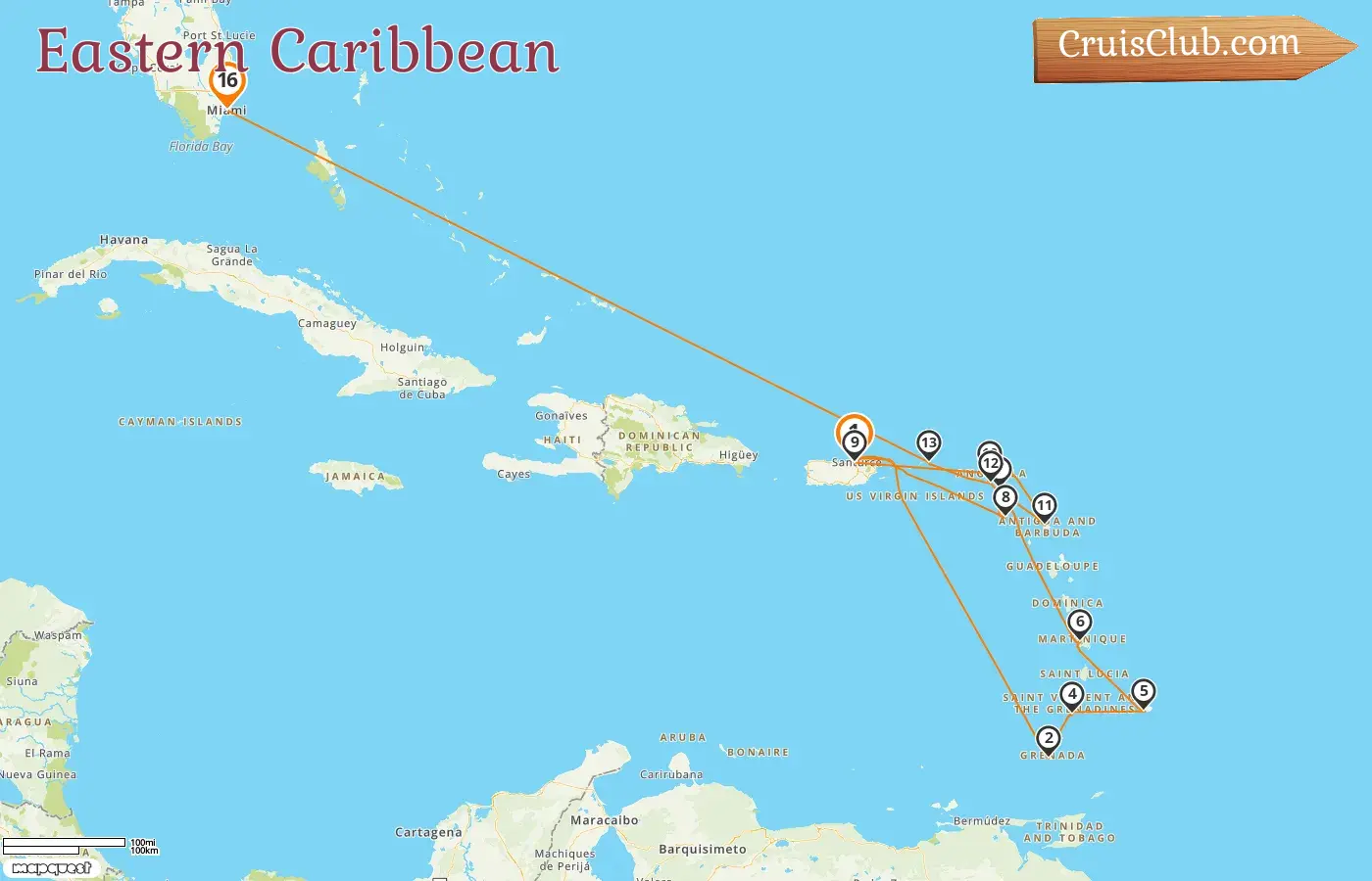 Cruise in the Eastern Caribbean from Saint John to Miami aboard EXPLORA II ship with visits to Puerto Rico, Grenada, Saint Vincent and the Grenadines, Barbados, Saint Barthélemy, British Virgin Islands, and USA for 16 days