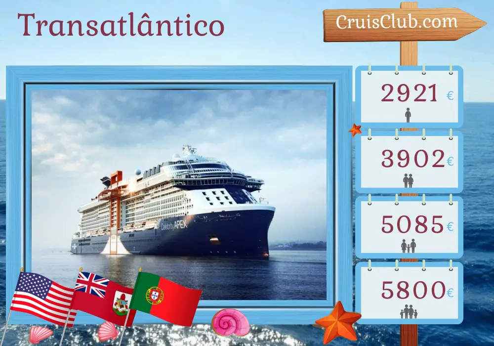 Cruzeiro Transatlântico de Port Canaveral / Orlando para Southampton a bordo do navio Celebrity Apex com visitas aos EUA, Bermudas e Portugal por 14 dias