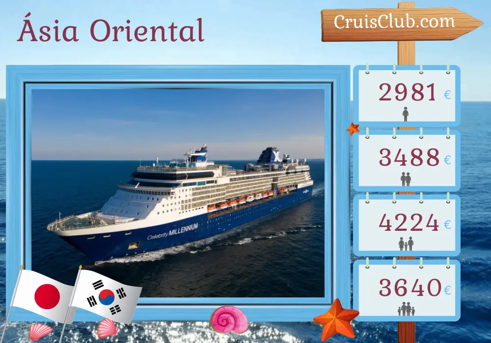 Cruzeiro no leste da Ásia partindo de Tóquio a bordo do navio Celebrity Millennium com visitas ao Japão e à Coreia do Sul por 13 dias