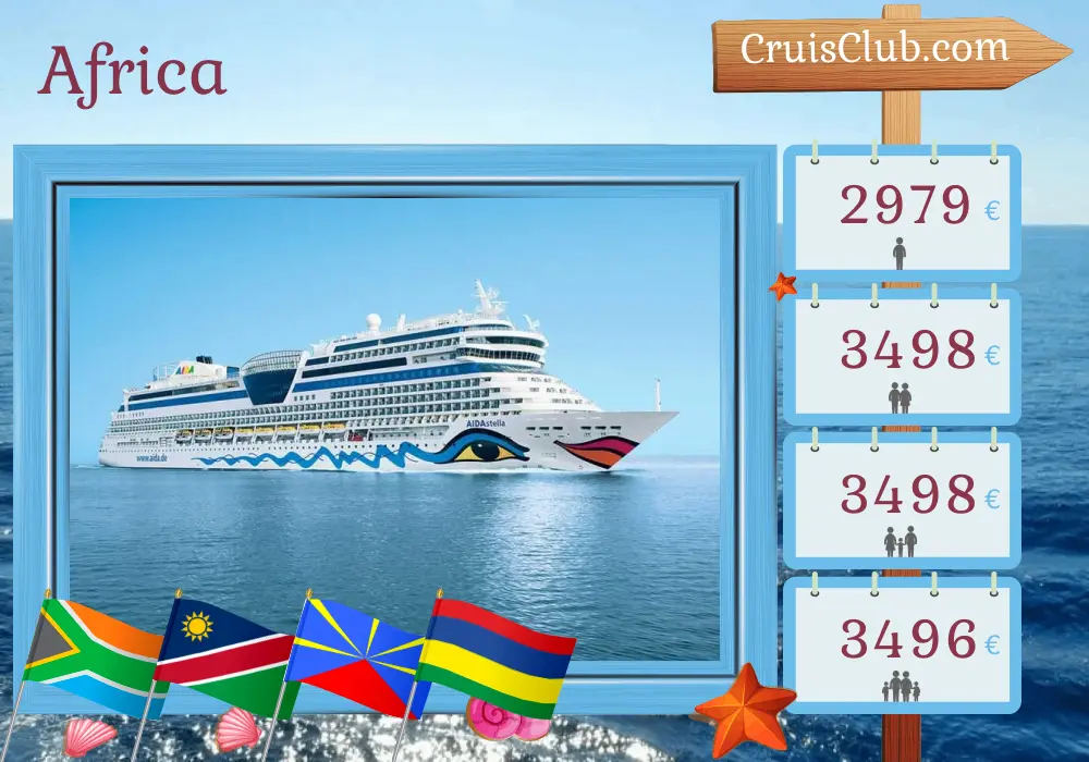 Cruise in the Africa from Cape Town to Port Louis aboard AIDAstella ship with visits to South Africa, Namibia, Réunion, and Mauritius for 21 days