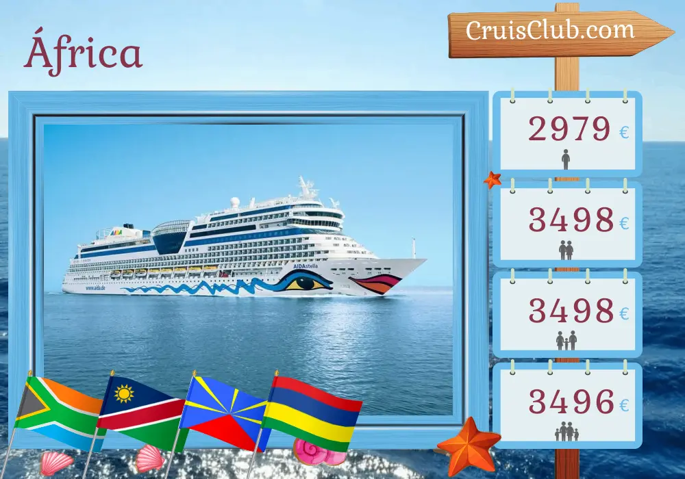 Crucero en África de Ciudad del Cabo a Port Louis a bordo del barco AIDAstella con visitas a Sudáfrica, Namibia, Reunión y Mauricio durante 21 días