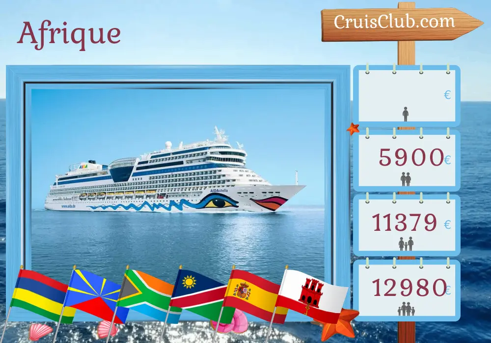 Croisière en Afrique de Port Louis à Palma à bord du navire AIDAstella avec des visites à Maurice, à La Réunion, en Afrique du Sud, en Namibie, en Espagne et à Gibraltar pendant 28 jours