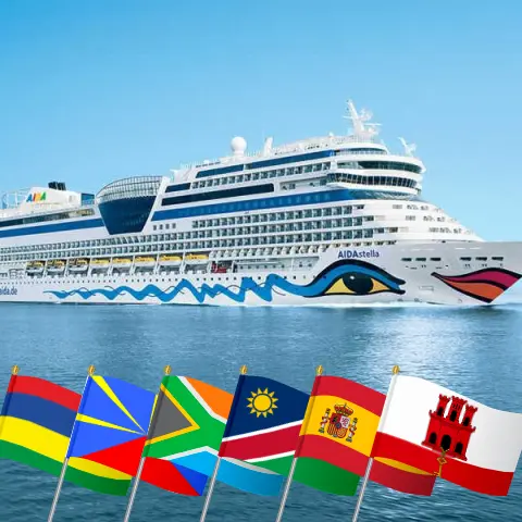 Cruise in the Africa from Port Louis to Palma aboard AIDAstella ship with visits to Mauritius, Réunion, South Africa, Namibia, Spain, and Gibraltar for 28 days