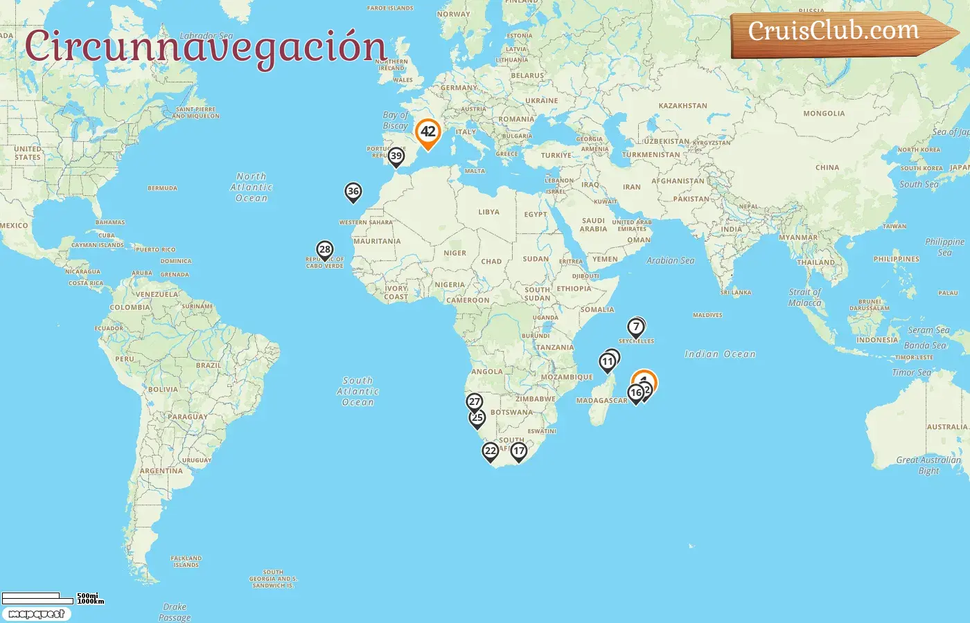 Crucero por el mundo de Port Louis a Palma a bordo del barco AIDAstella con visitas a Mauricio, Reunión, Seychelles, Madagascar, Sudáfrica, Namibia, España y Gibraltar durante 42 días