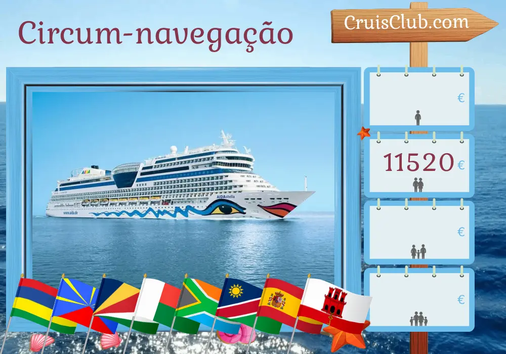 Cruzeiro no mundo da viagem de Port Louis para Palma a bordo do navio AIDAstella com visitas a Maurício, Reunião, Seychelles, Madagascar, África do Sul, Namíbia, Espanha e Gibraltar por 42 dias