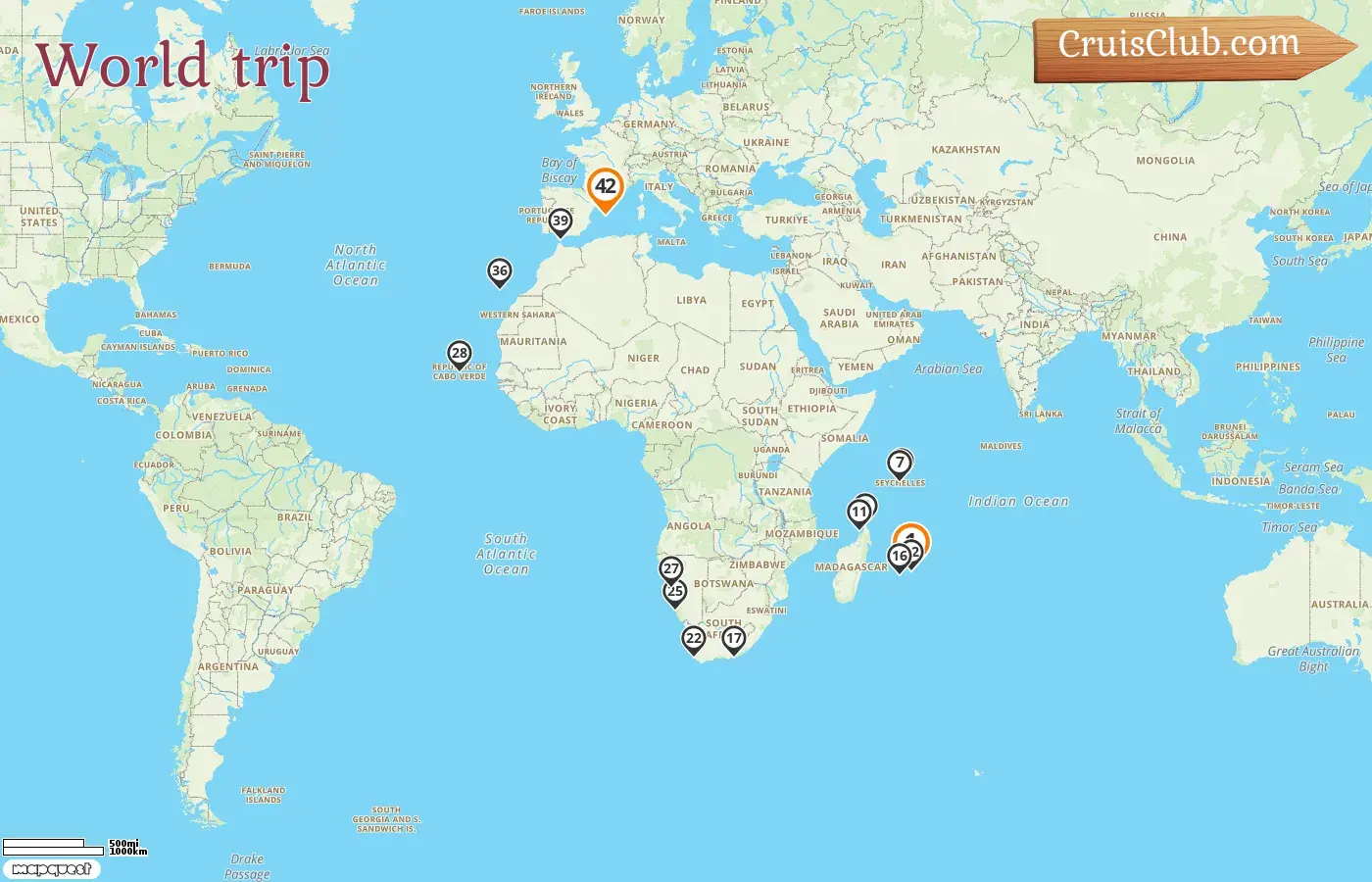 Cruise in the World trip from Port Louis to Palma aboard AIDAstella ship with visits to Mauritius, Réunion, Seychelles, Madagascar, South Africa, Namibia, Spain, and Gibraltar for 42 days
