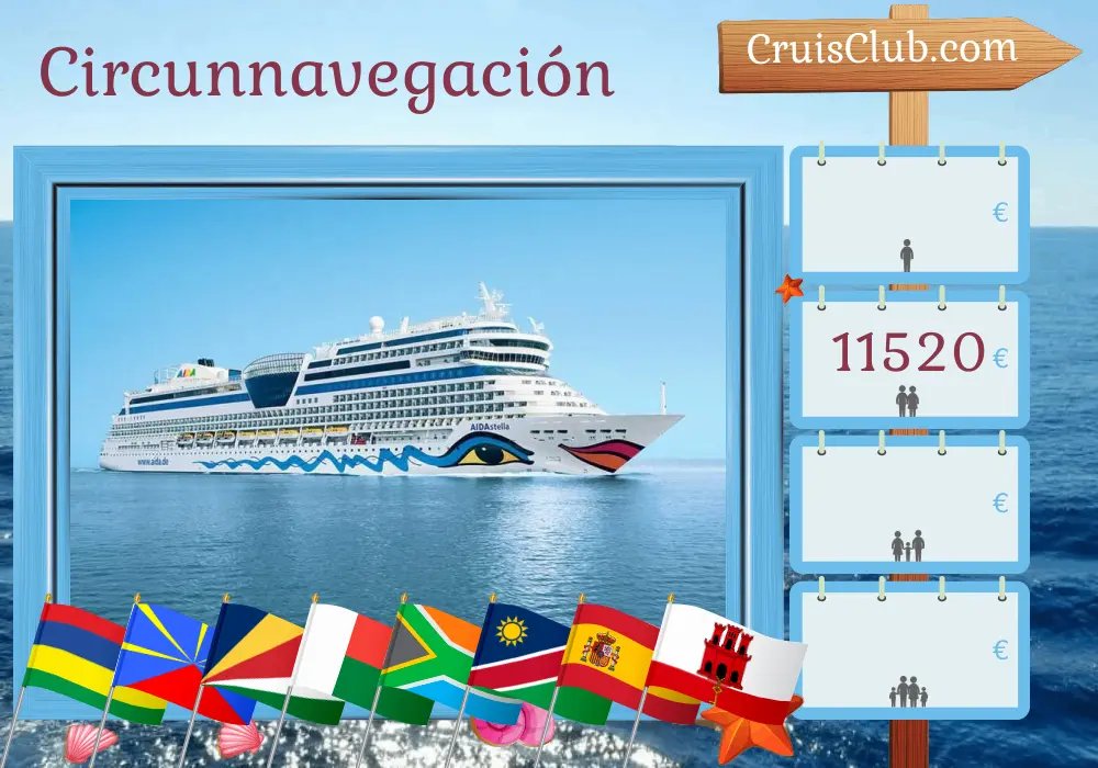 Crucero por el mundo de Port Louis a Palma a bordo del barco AIDAstella con visitas a Mauricio, Reunión, Seychelles, Madagascar, Sudáfrica, Namibia, España y Gibraltar durante 42 días