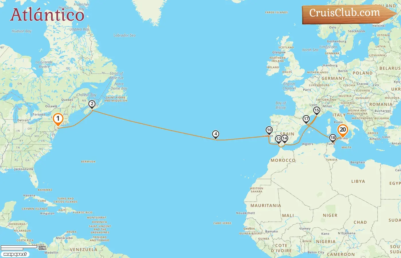 Crucero en el Transatlántico de Nueva York a Palermo a bordo del barco MSC Meraviglia con visitas a Estados Unidos, Canadá, Portugal, España, Francia, Túnez e Italia por 20 días