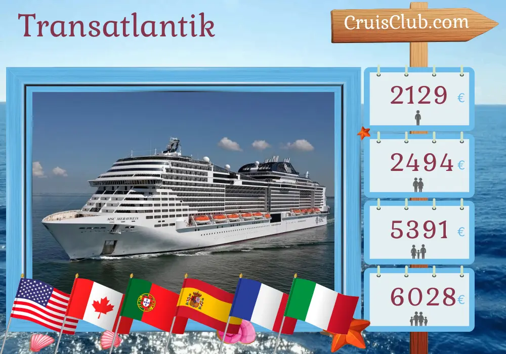 Transatlantik-Kreuzfahrt von New York nach Palermo an Bord des MSC Meraviglia-Schiffs mit Stopps in den USA, Kanada, Portugal, Spanien, Frankreich, Tunesien und Italien für 20 Tage